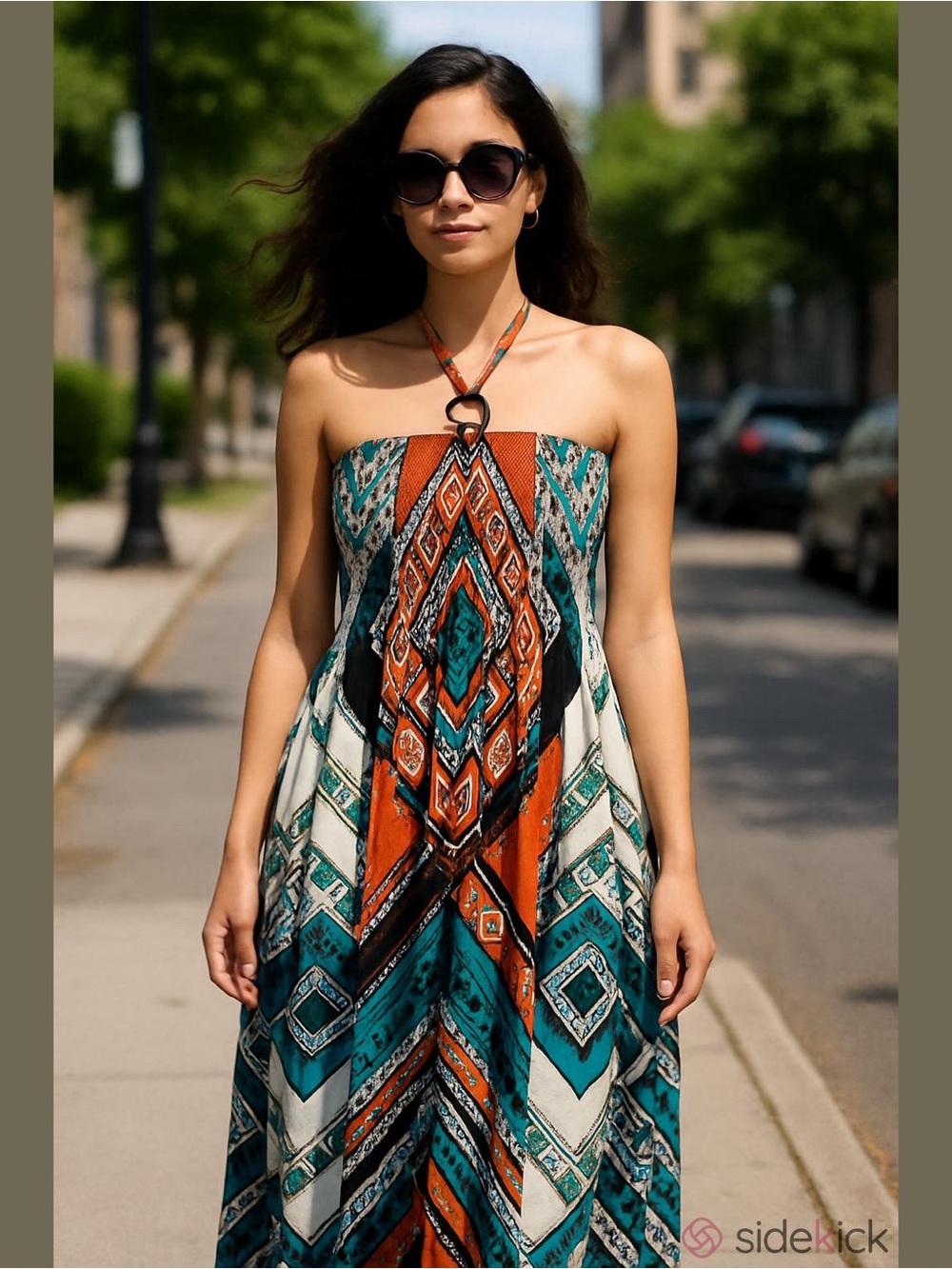 Magic Strapless Halter Maxi Dress in Teal & Rust